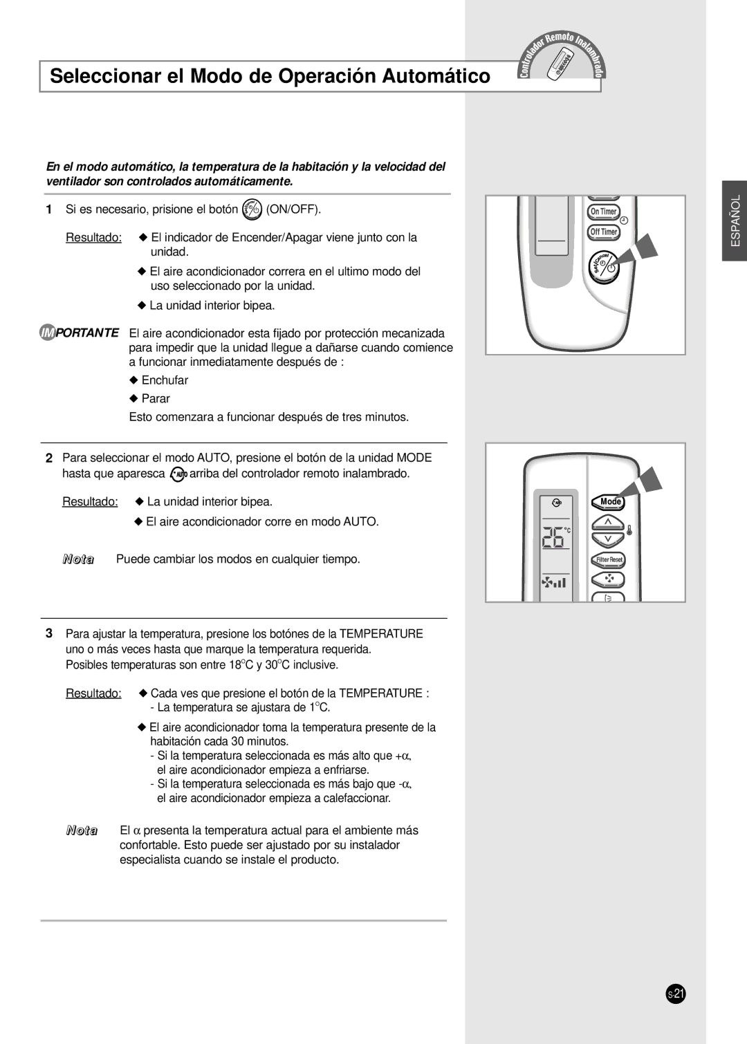 Samsung CH24CAX, CH36CAX, CH36ZAX, CH44CAX, CH18CAX, CH24ZAX, CH44ZAX, UBH3600G Seleccionar el Modo de Operación Automático 