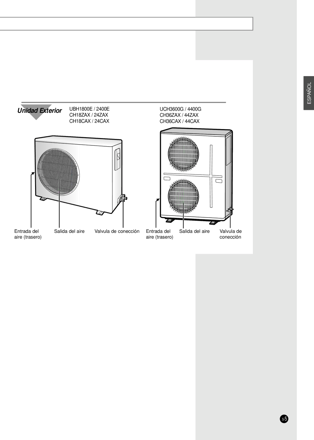 Samsung CH24ZAX, CH36CAX, CH36ZAX, CH44CAX, CH24CAX, CH18CAX, CH44ZAX, UBH3600G, UBH4400G Unidad Exterior UBH1800E / 2400E 