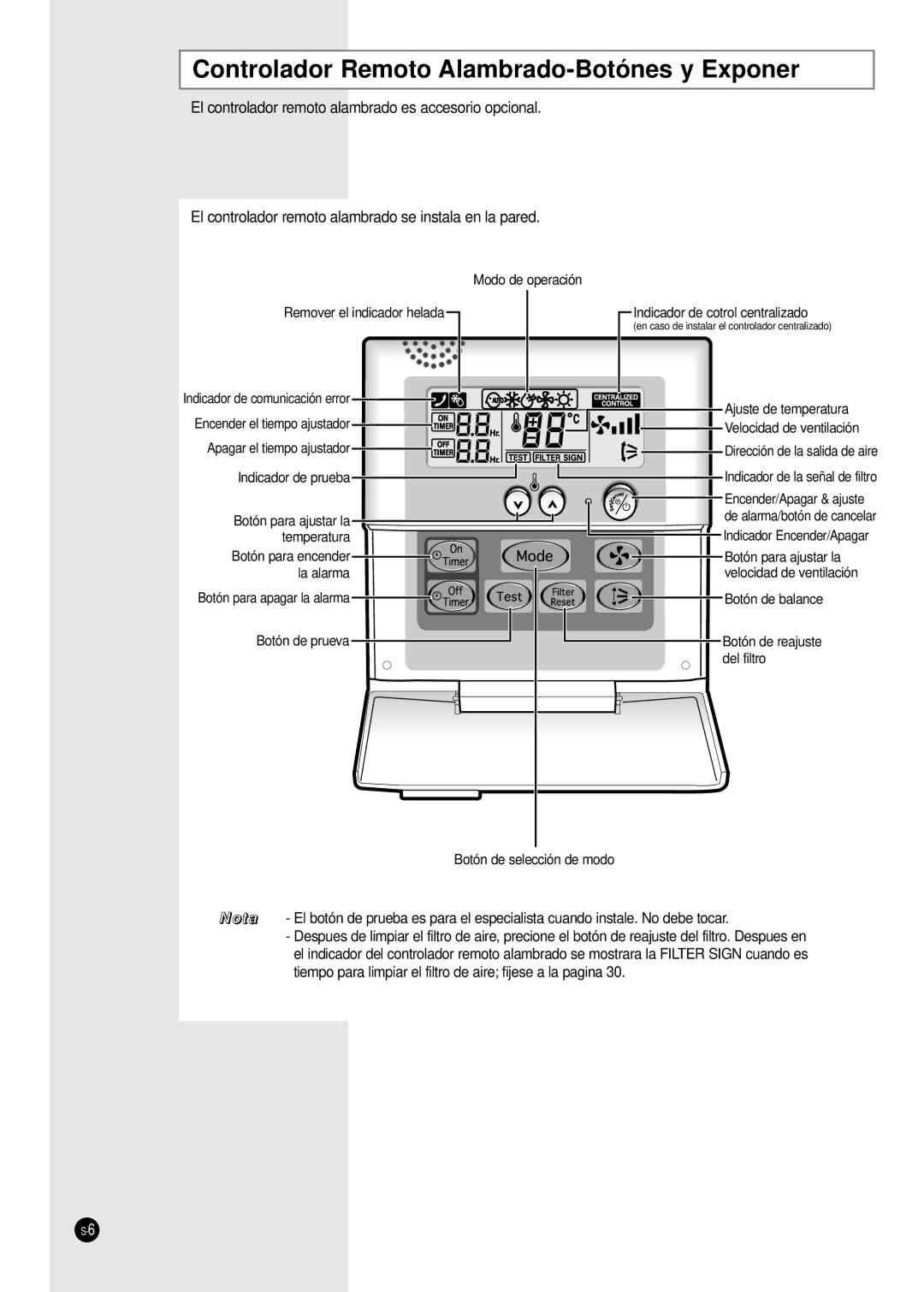 Samsung CH44ZAX, CH36CAX Controlador Remoto Alambrado-Botónes y Exponer, Modo de operación Remover el indicador helada 