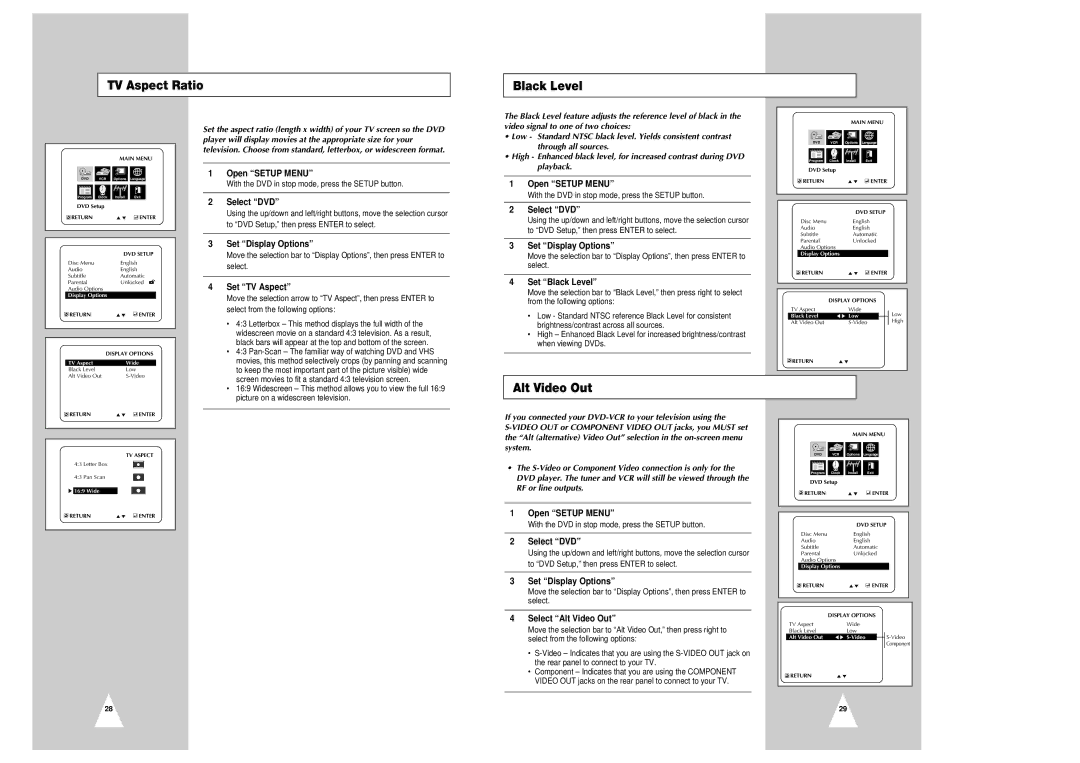 Samsung CHT-350 instruction manual TV Aspect Ratio Black Level, Alt Video Out, RF or line outputs 