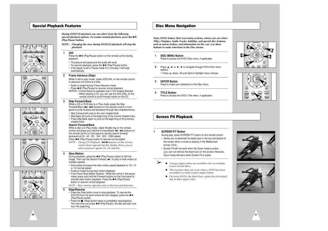 Samsung CHT-350 instruction manual Special Playback Features Disc Menu Navigation, Screen Fit Playback 