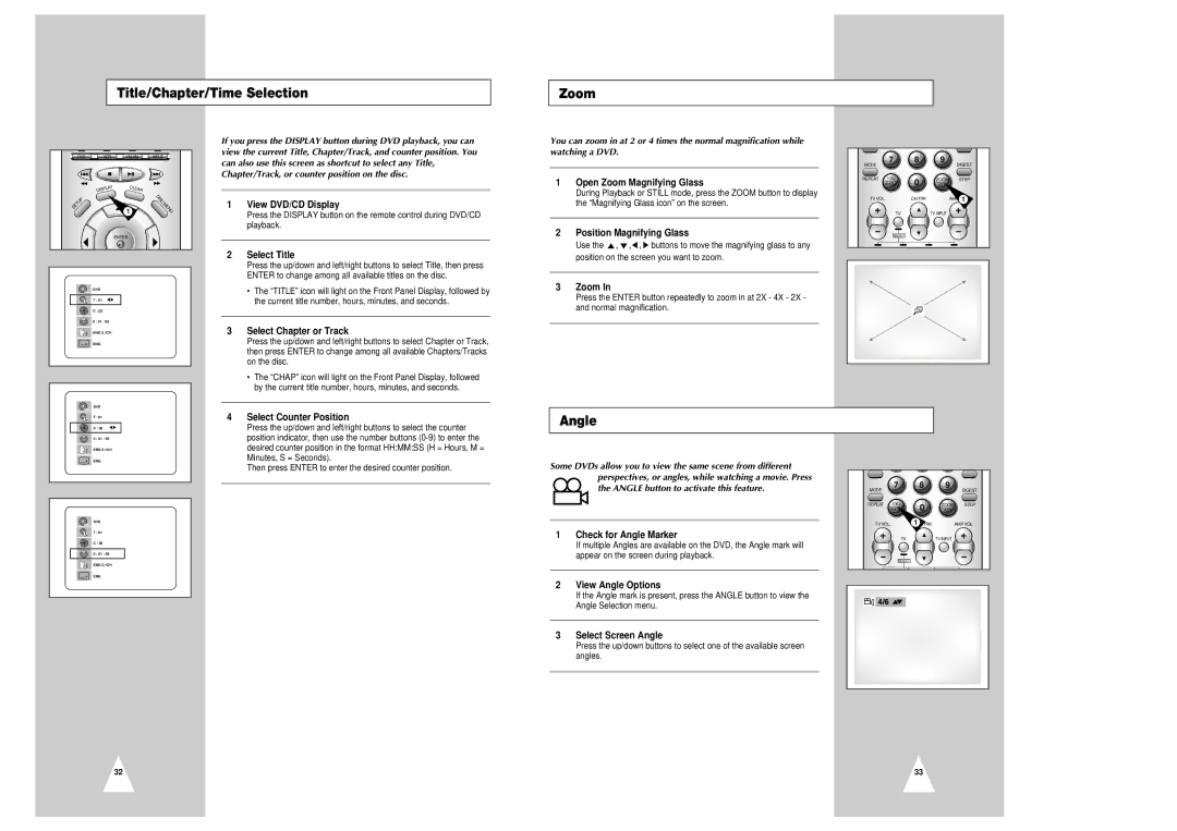 Samsung CHT-350 instruction manual Title/Chapter/Time Selection Zoom, Angle 