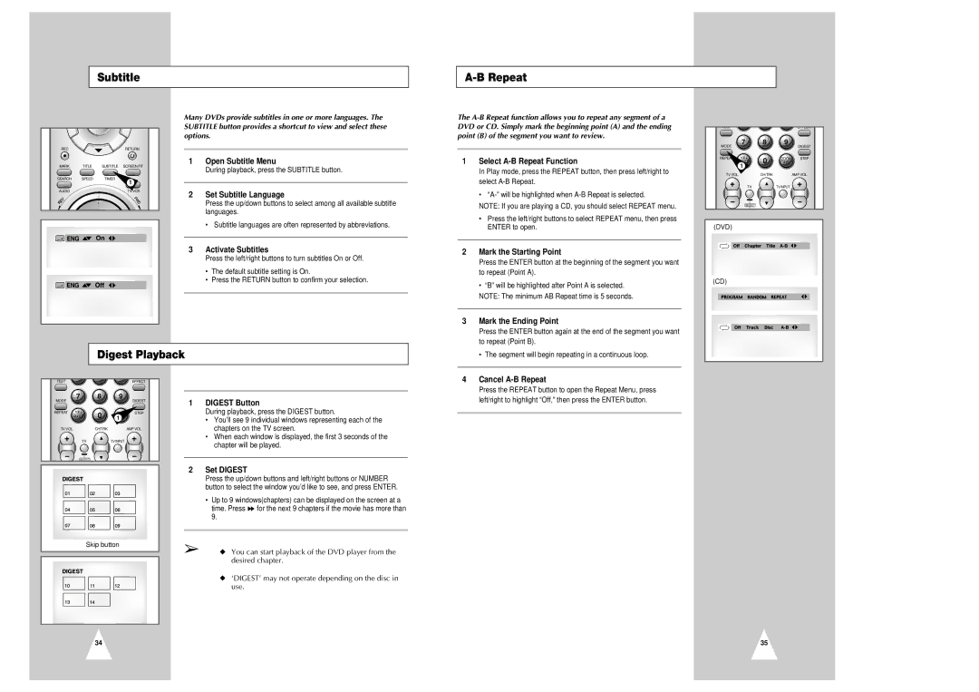 Samsung CHT-350 instruction manual Subtitle Repeat, Digest Playback 