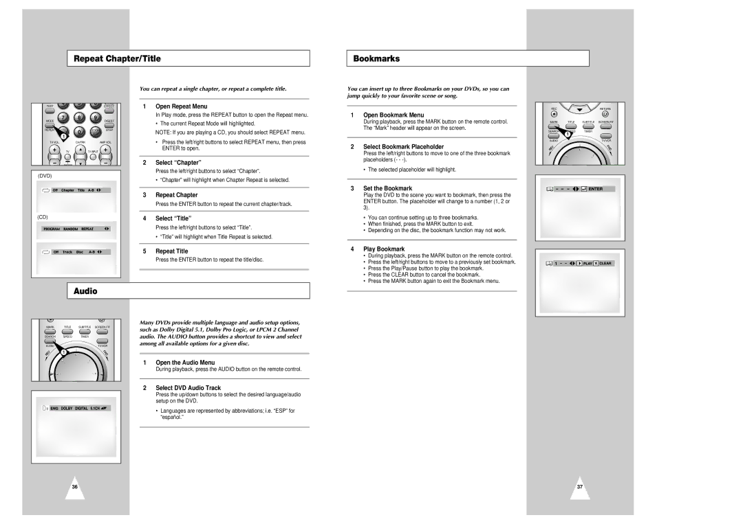 Samsung CHT-350 Repeat Chapter/Title Bookmarks, Audio, You can repeat a single chapter, or repeat a complete title 