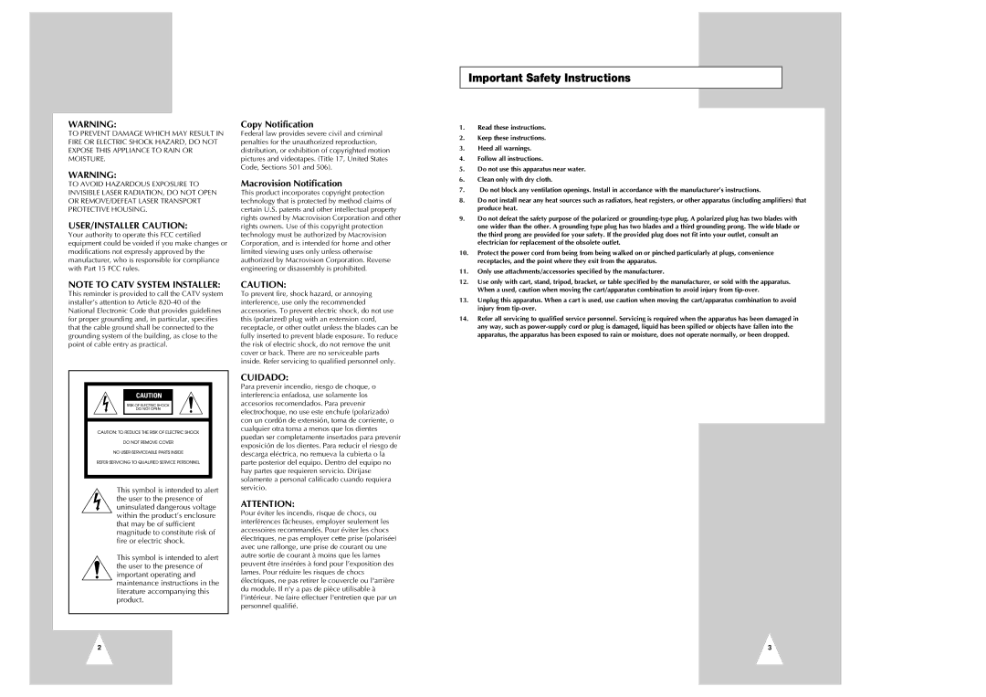 Samsung CHT-350 instruction manual Important Safety Instructions, USER/INSTALLER Caution 