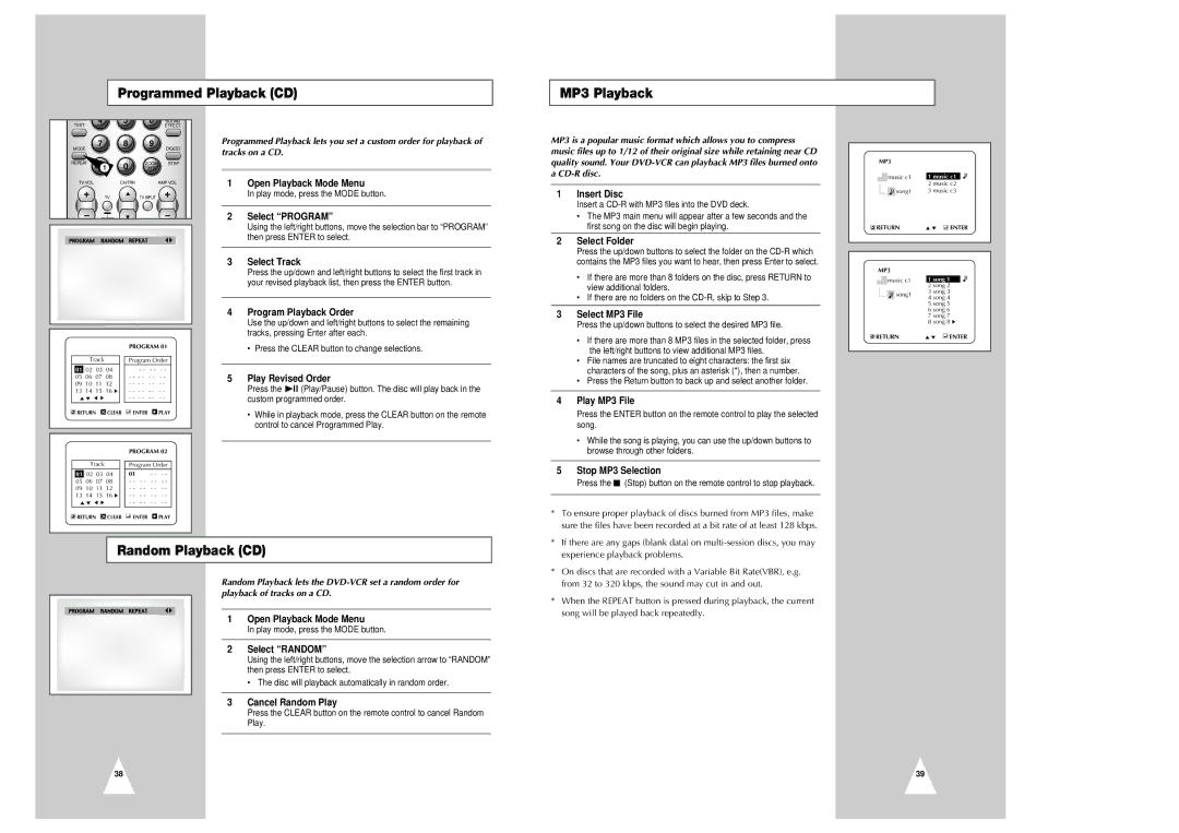 Samsung CHT-350 instruction manual Programmed Playback CD MP3 Playback, Random Playback CD 