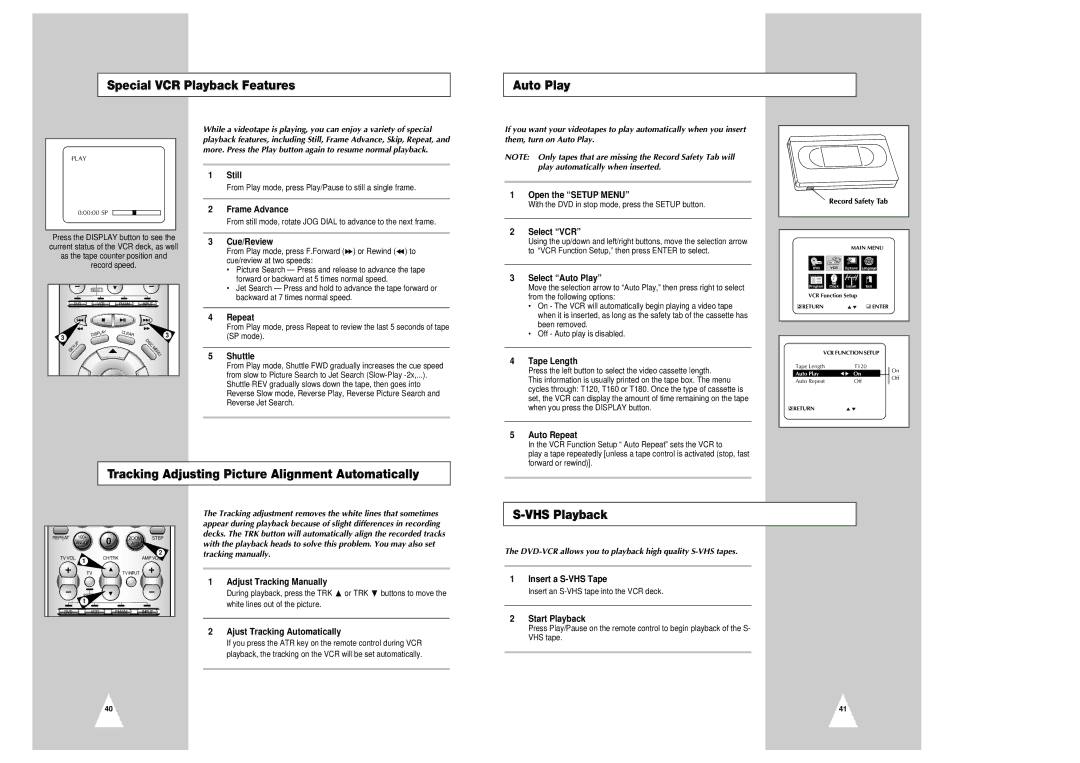Samsung CHT-350 Special VCR Playback Features Auto Play, Tracking Adjusting Picture Alignment Automatically, VHS Playback 