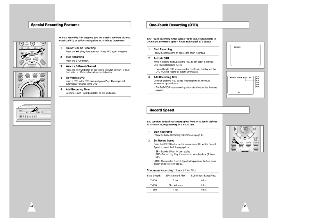 Samsung CHT-350 instruction manual Special Recording Features One-Touch Recording OTR, Record Speed 