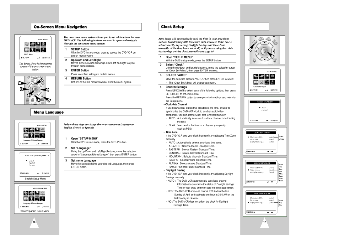 Samsung CHT-350 instruction manual On-Screen Menu Navigation Clock Setup, Menu Language 