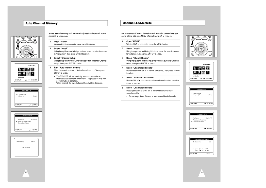Samsung CHT-420 Auto Channel Memory Channel Add/Delete, Run Auto channel memory, Select Channel add/delete 