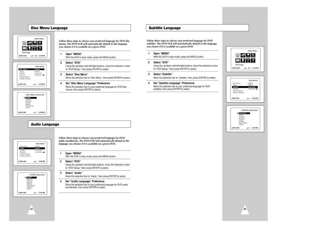 Samsung CHT-420 instruction manual Disc Menu Language Subtitle Language, Audio Language 