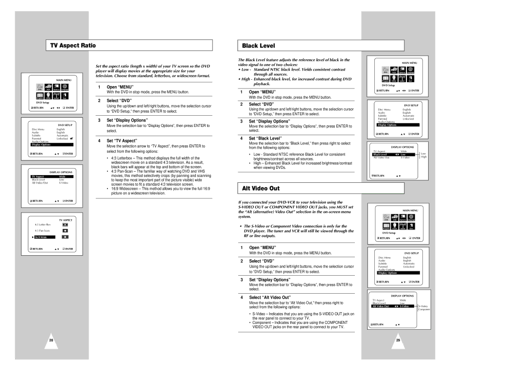 Samsung CHT-420 instruction manual TV Aspect Ratio Black Level, Alt Video Out 