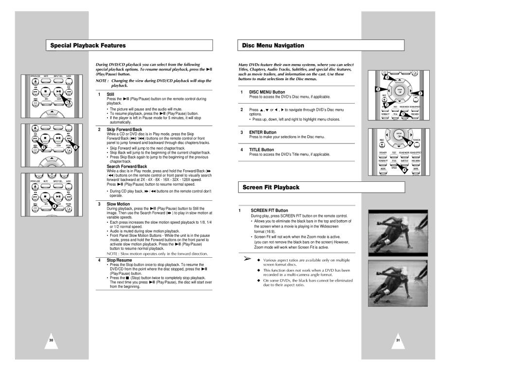 Samsung CHT-420 instruction manual Special Playback Features Disc Menu Navigation, Screen Fit Playback 