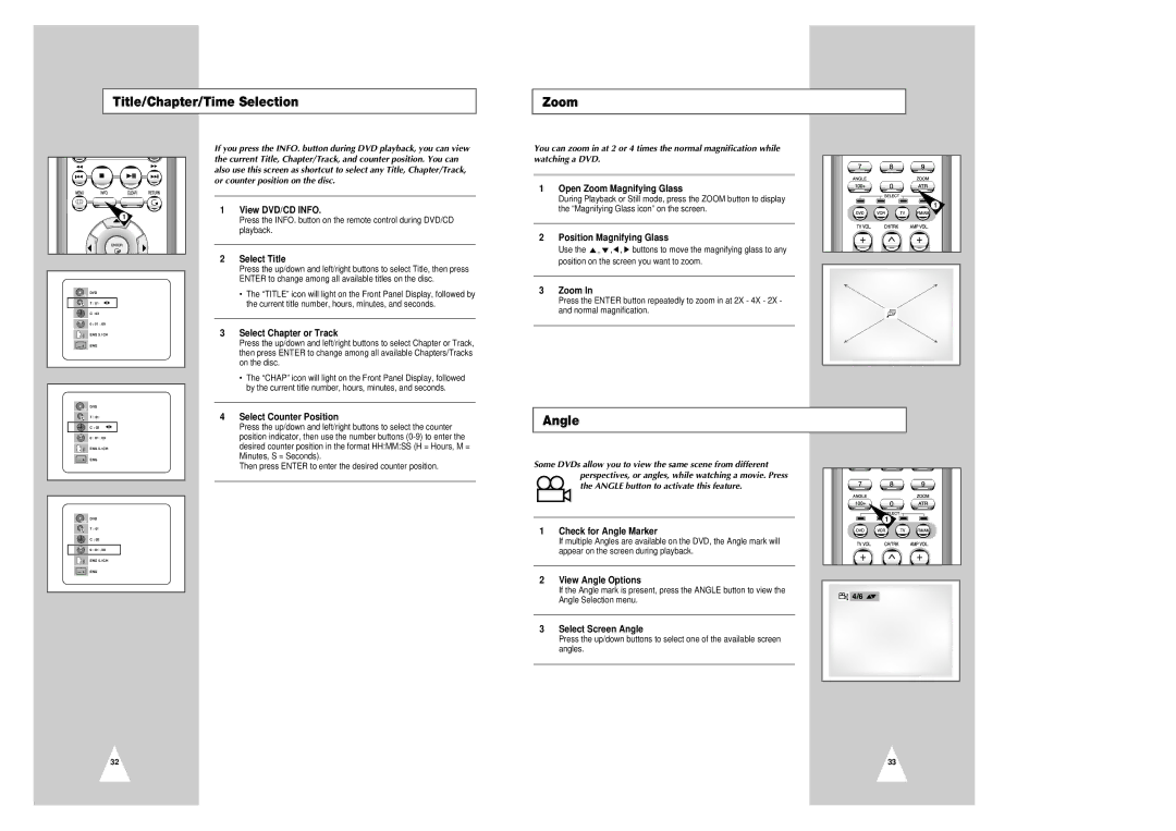 Samsung CHT-420 instruction manual Title/Chapter/Time Selection Zoom, Angle 