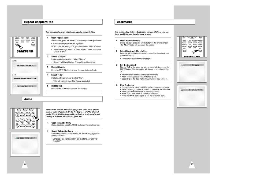 Samsung CHT-420 instruction manual Repeat Chapter/Title Bookmarks, Audio 