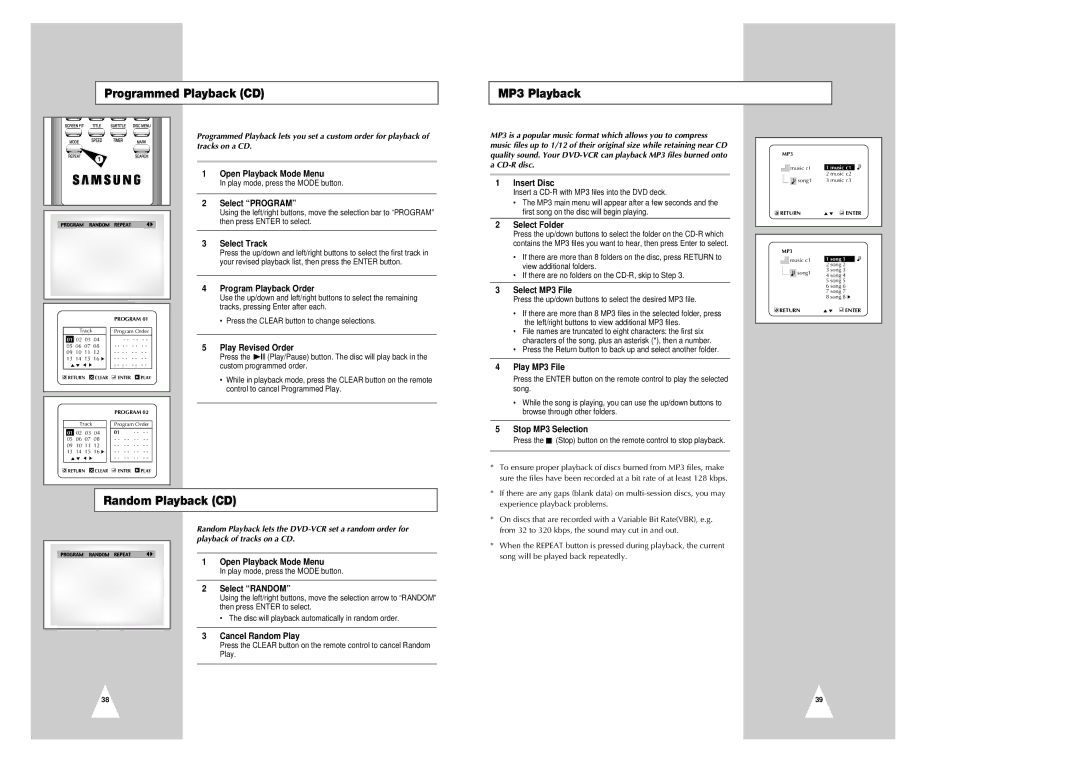 Samsung CHT-420 instruction manual Programmed Playback CD MP3 Playback, Random Playback CD 