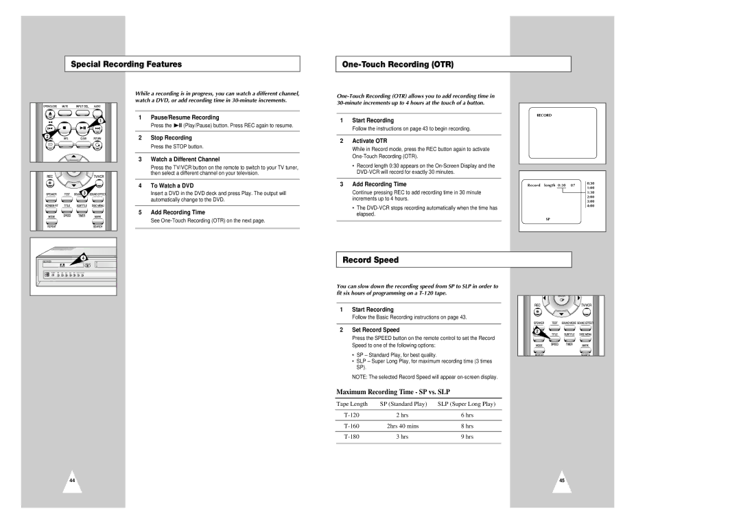 Samsung CHT-420 instruction manual Special Recording Features One-Touch Recording OTR, Record Speed 