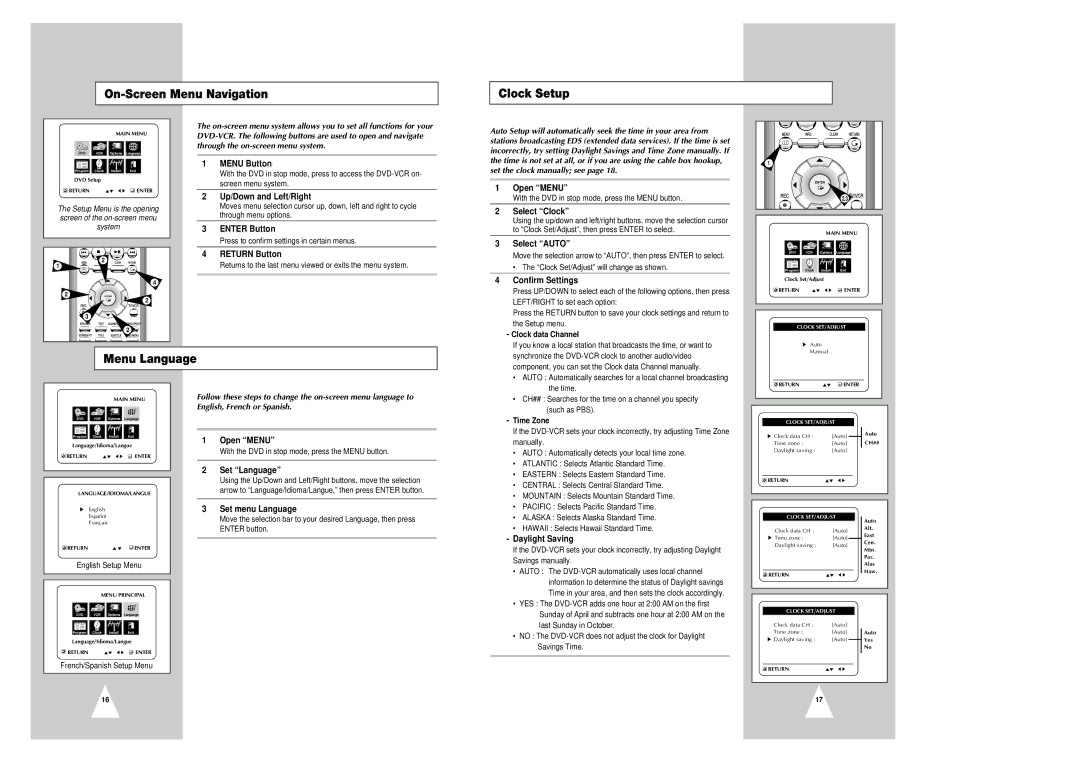 Samsung CHT-420 instruction manual On-Screen Menu Navigation Clock Setup, Menu Language 