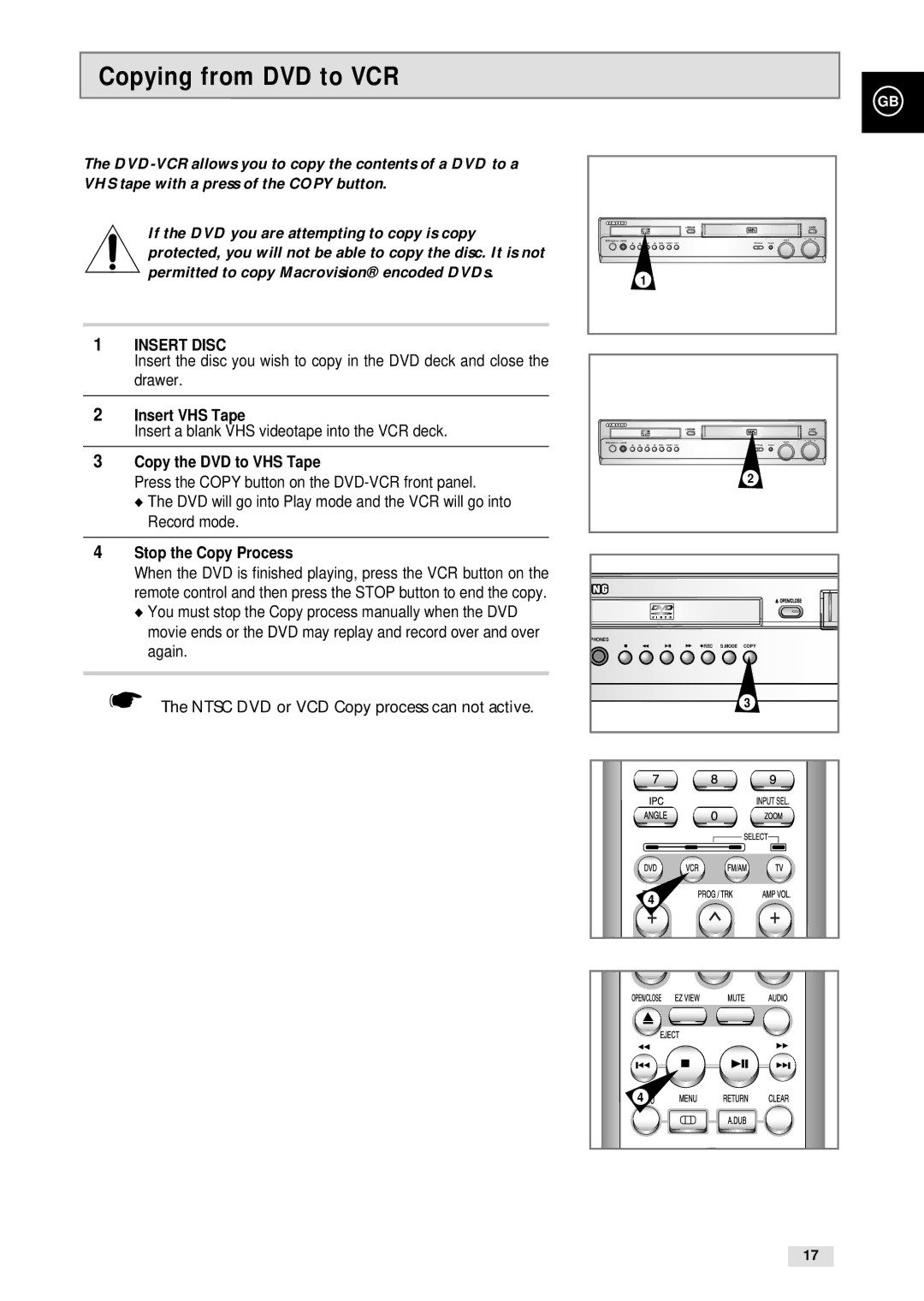 Samsung CHT-500 instruction manual Copying from DVD to VCR, Insert VHS Tape, Insert a blank VHS videotape into the VCR deck 