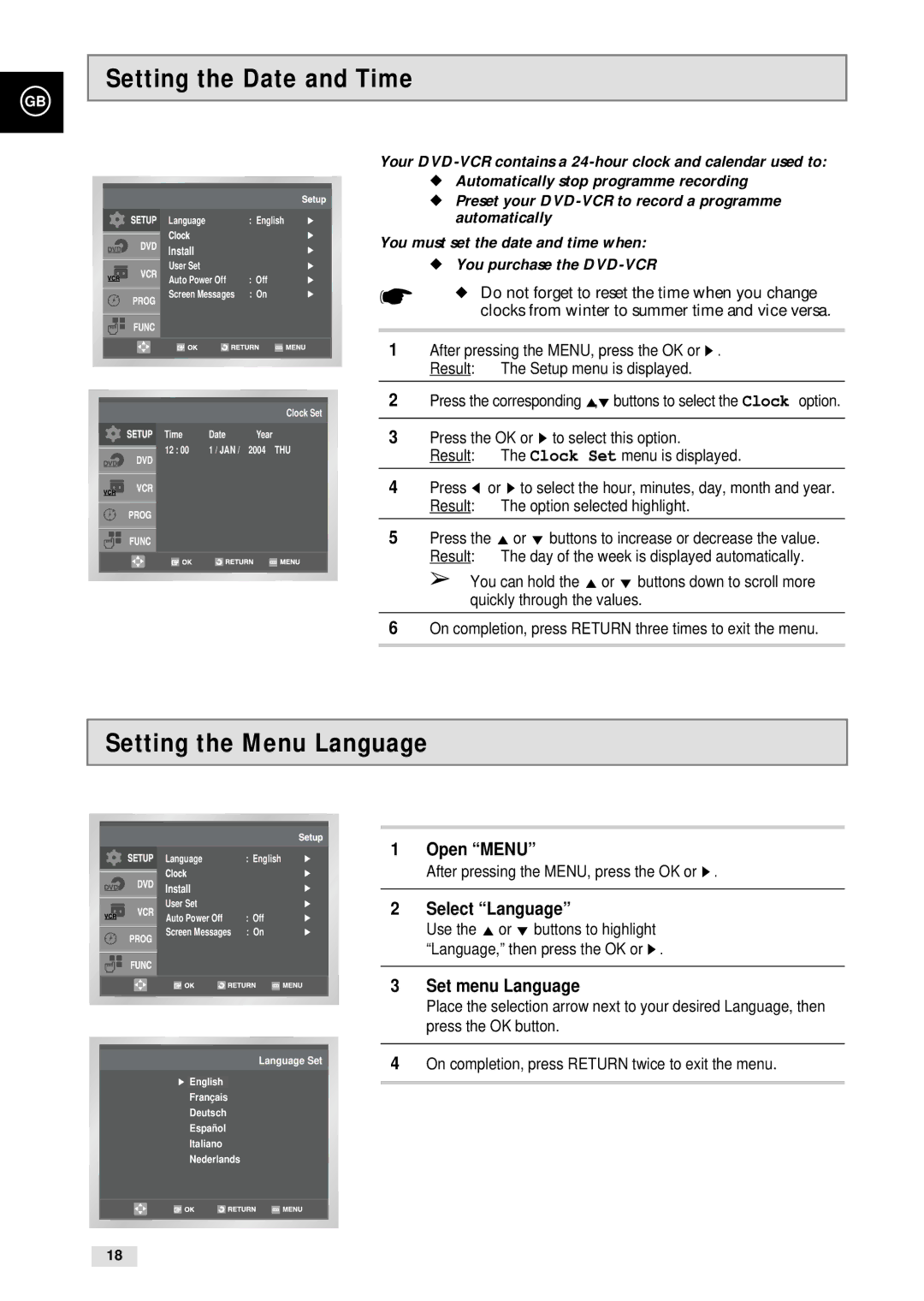 Samsung CHT-500 Setting the Date and Time, Setting the Menu Language, Open Menu, Select Language, Set menu Language 