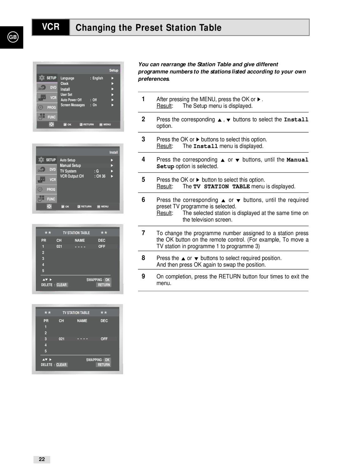 Samsung CHT-500 instruction manual Changing the Preset Station Table 