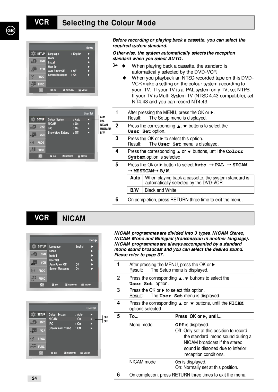 Samsung CHT-500 instruction manual VCR Selecting the Colour Mode, Press OK or ❿, until 