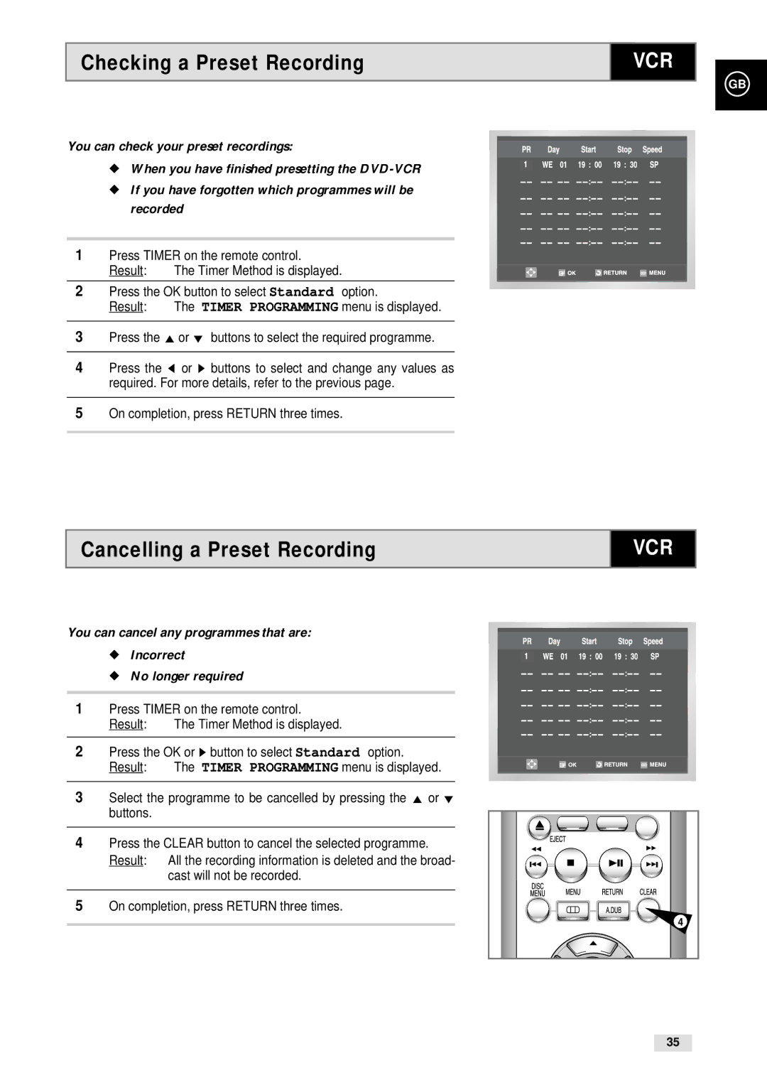 Samsung CHT-500 Checking a Preset Recording, Cancelling a Preset Recording, On completion, press Return three times 