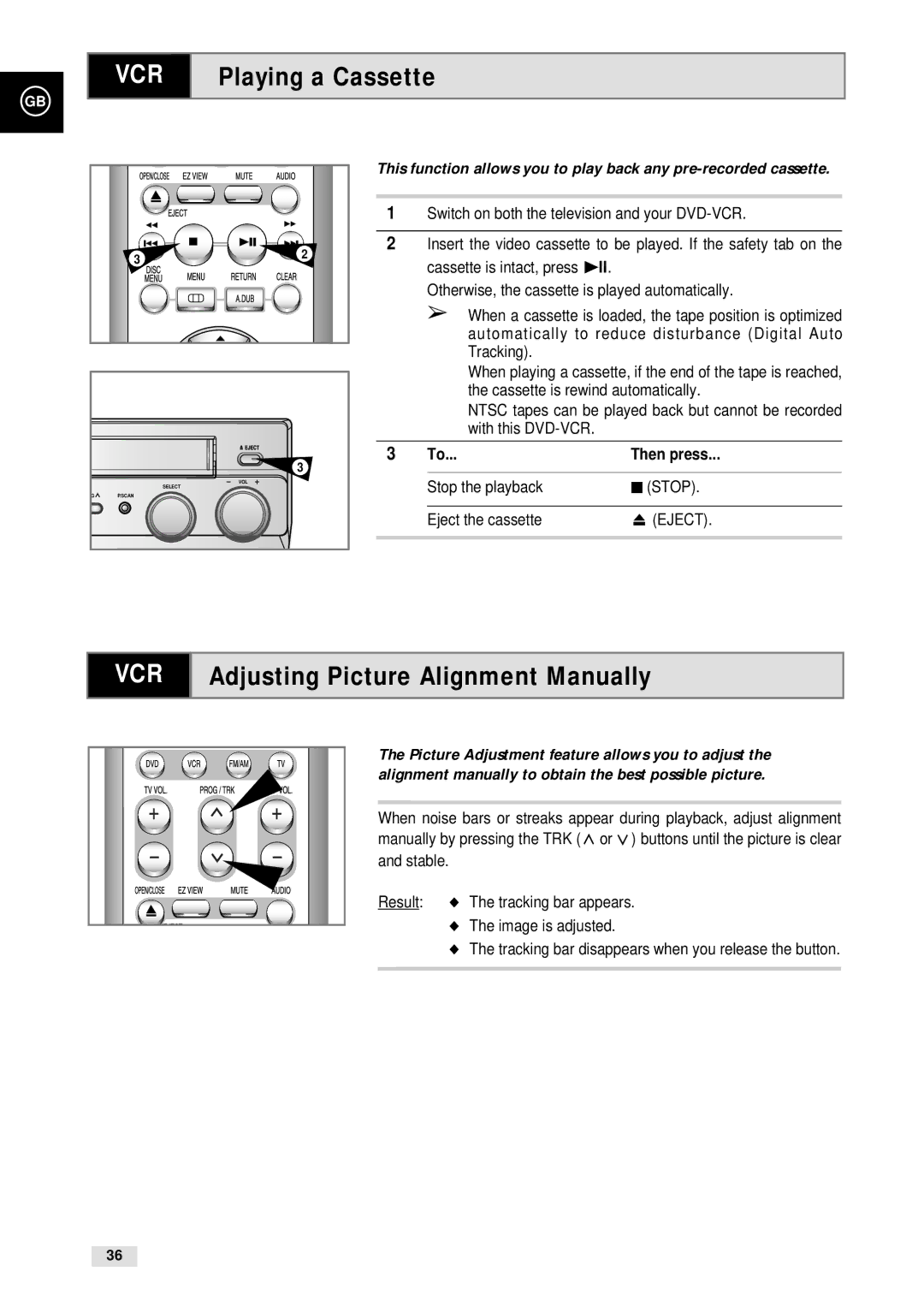 Samsung CHT-500 Playing a Cassette, Adjusting Picture Alignment Manually, Then press, Stop the playback Eject the cassette 