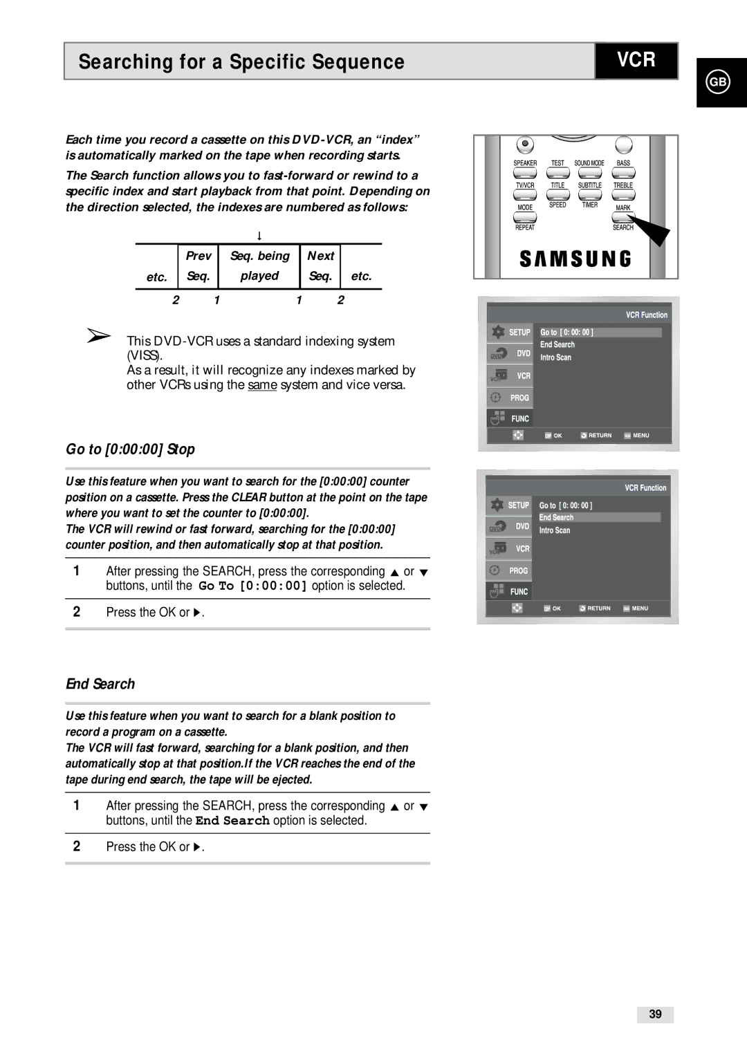 Samsung CHT-500 instruction manual Searching for a Specific Sequence, This DVD-VCR uses a standard indexing system Viss 