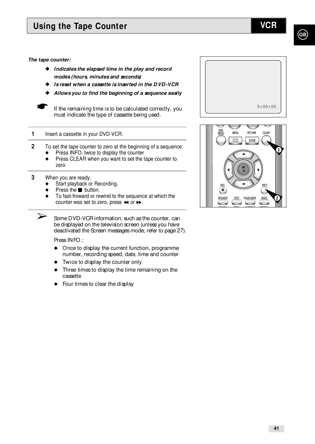 Samsung CHT-500 Using the Tape Counter, If the remaining time is to be calculated correctly, you, Press Info 