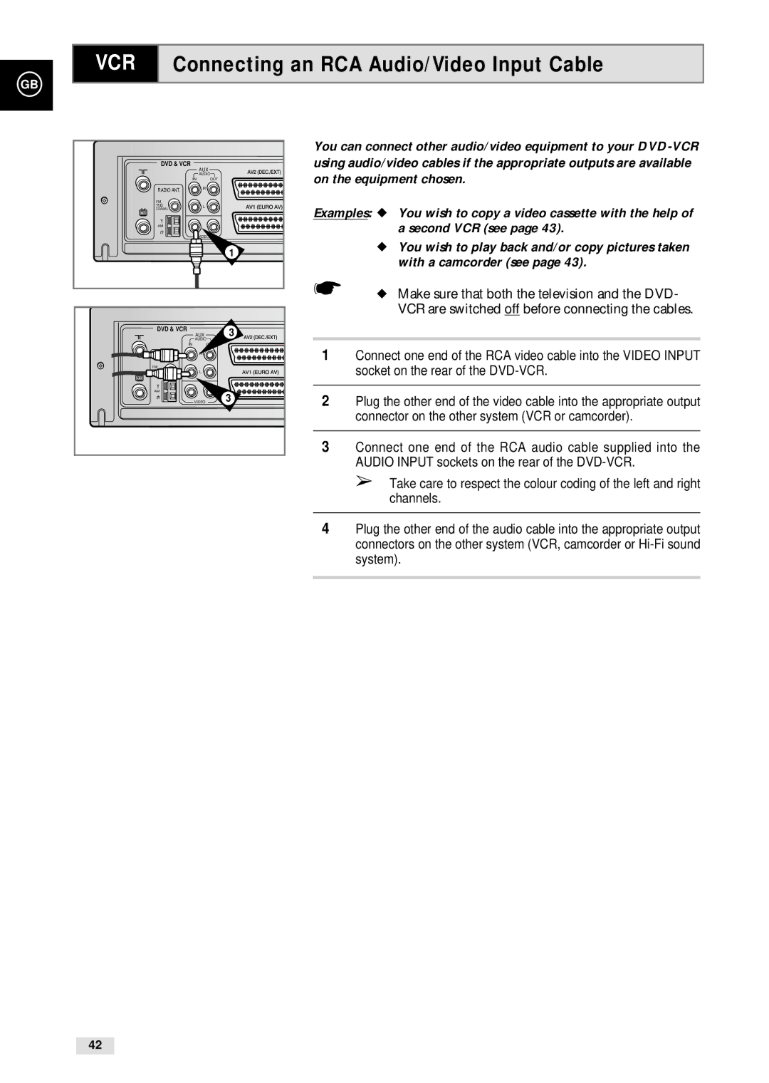 Samsung CHT-500 instruction manual VCR Connecting an RCA Audio/Video Input Cable 