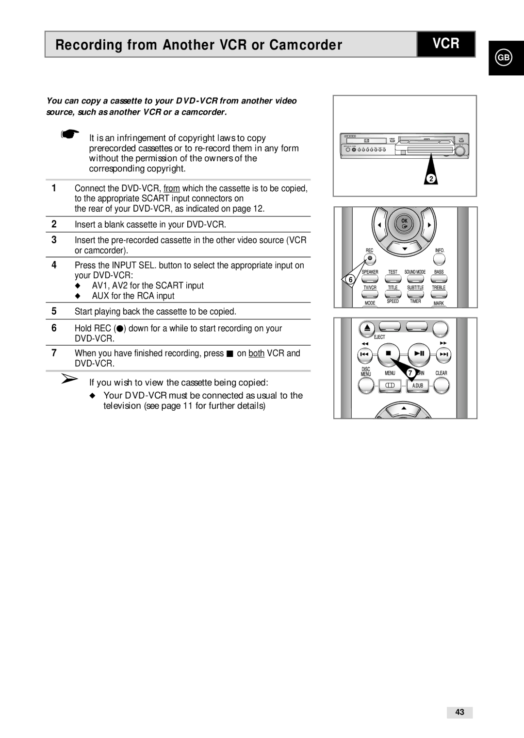 Samsung CHT-500 instruction manual Recording from Another VCR or Camcorder 