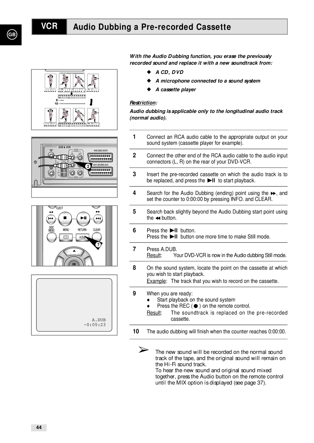 Samsung CHT-500 instruction manual Audio Dubbing a Pre-recorded Cassette, Cd, Dvd 