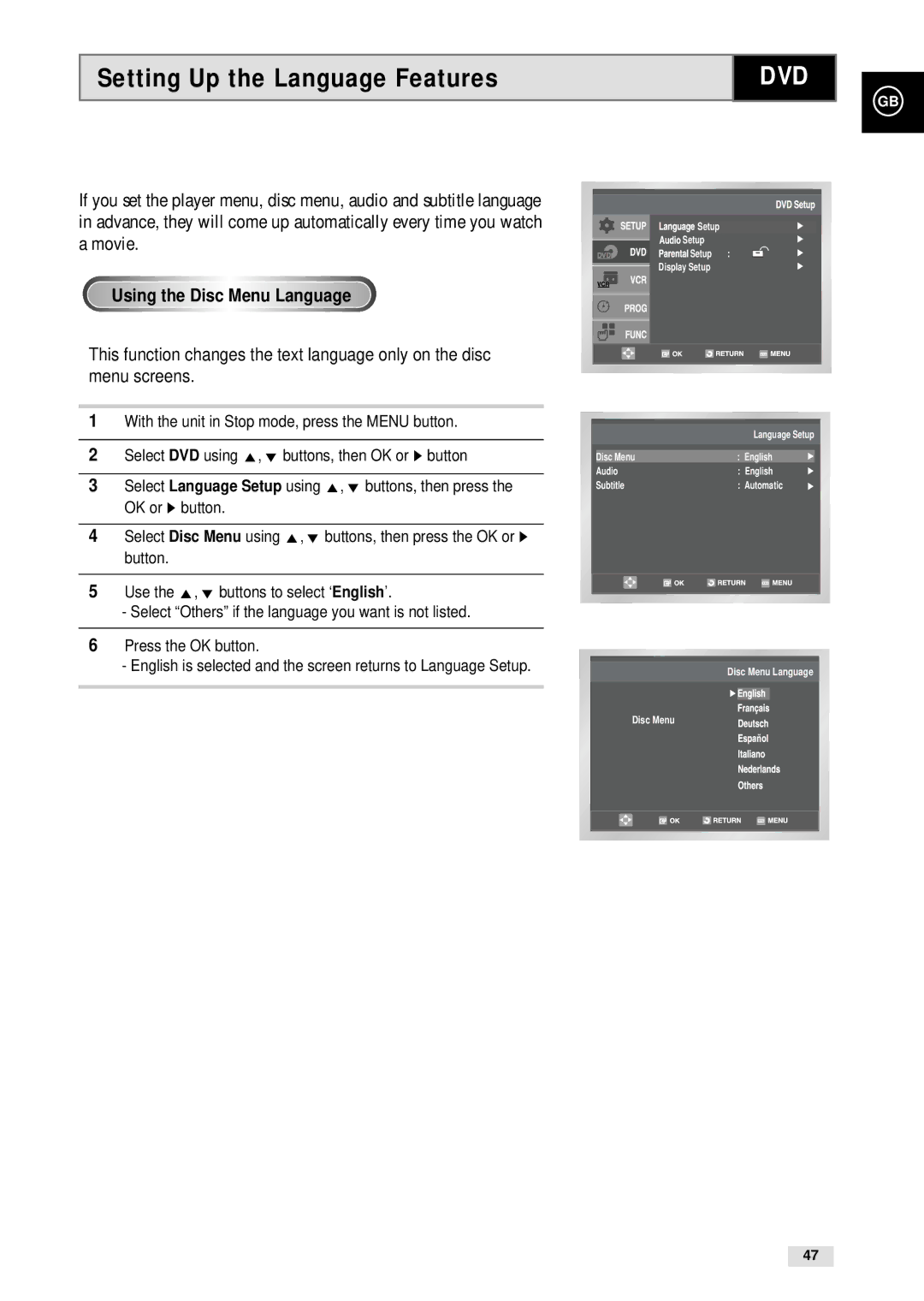 Samsung CHT-500 instruction manual Setting Up the Language Features, Using the Disc Menu Language 