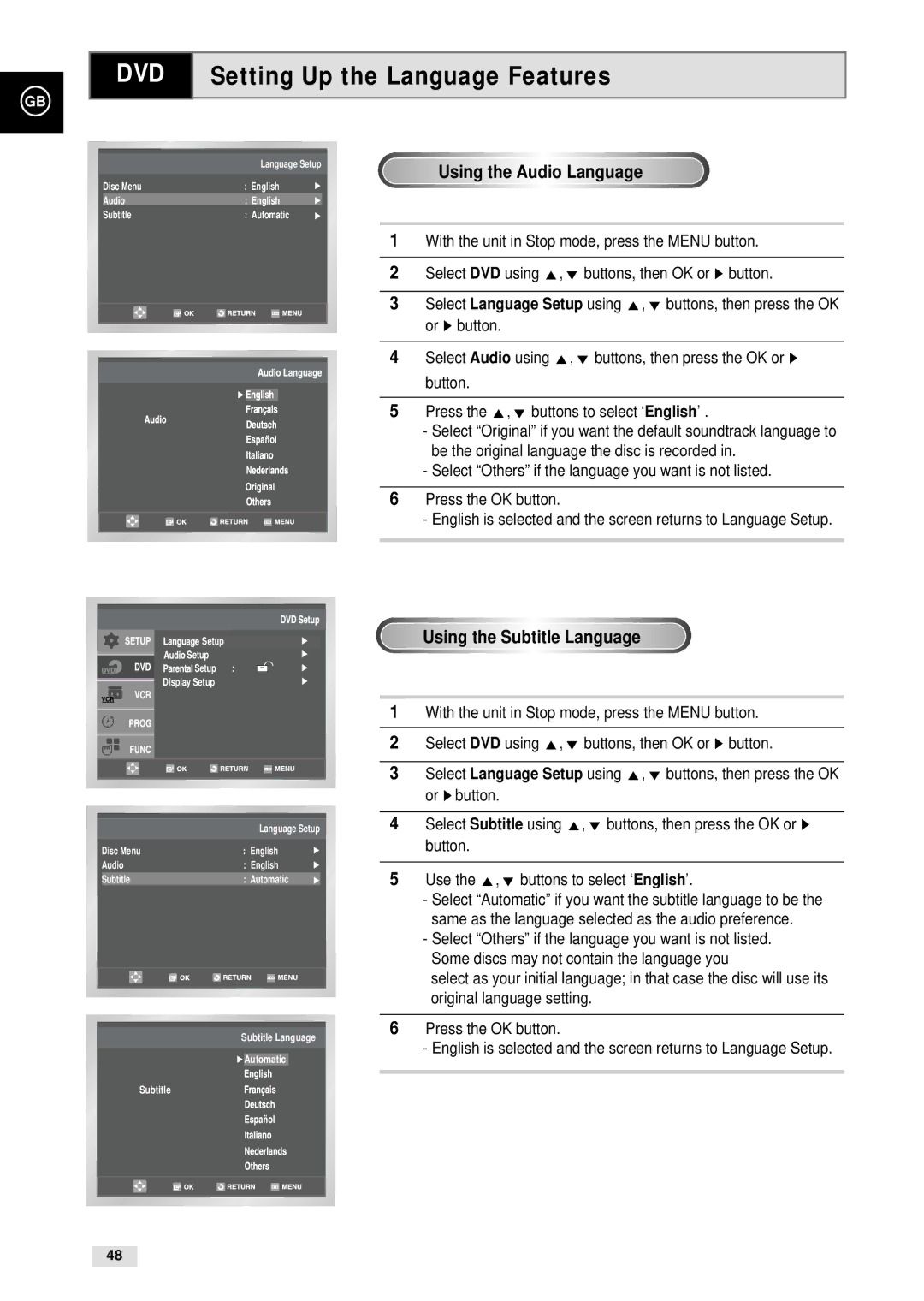 Samsung CHT-500 DVD Setting Up the Language Features, Using the Audio Language, Using the Subtitle Language 