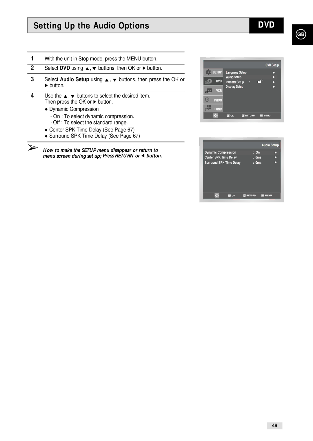 Samsung CHT-500 instruction manual Setting Up the Audio Options, Dvd 