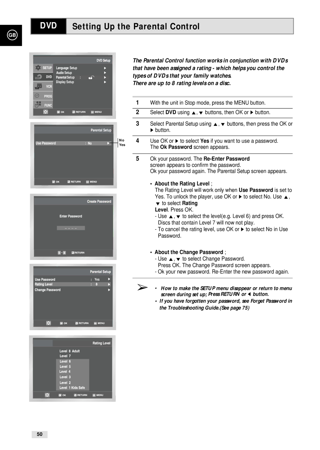 Samsung CHT-500 DVD Setting Up the Parental Control, Ok your password again. The Parental Setup screen appears 