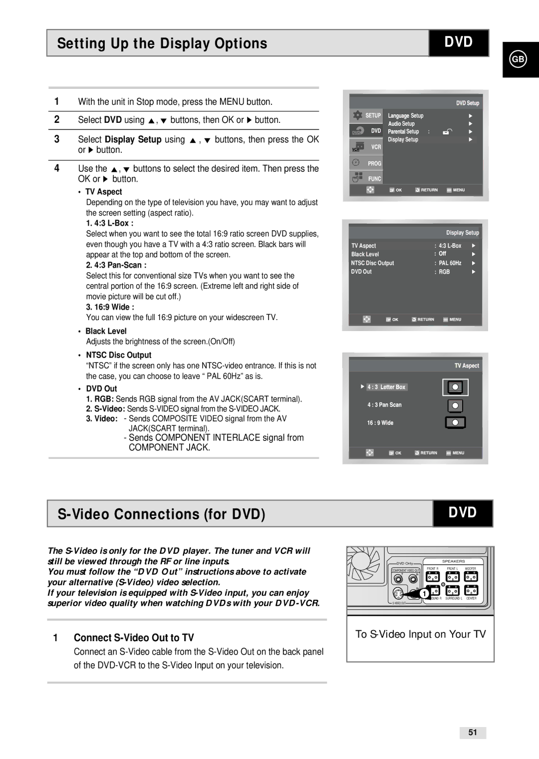 Samsung CHT-500 instruction manual Setting Up the Display Options, Video Connections for DVD, Connect S-Video Out to TV 