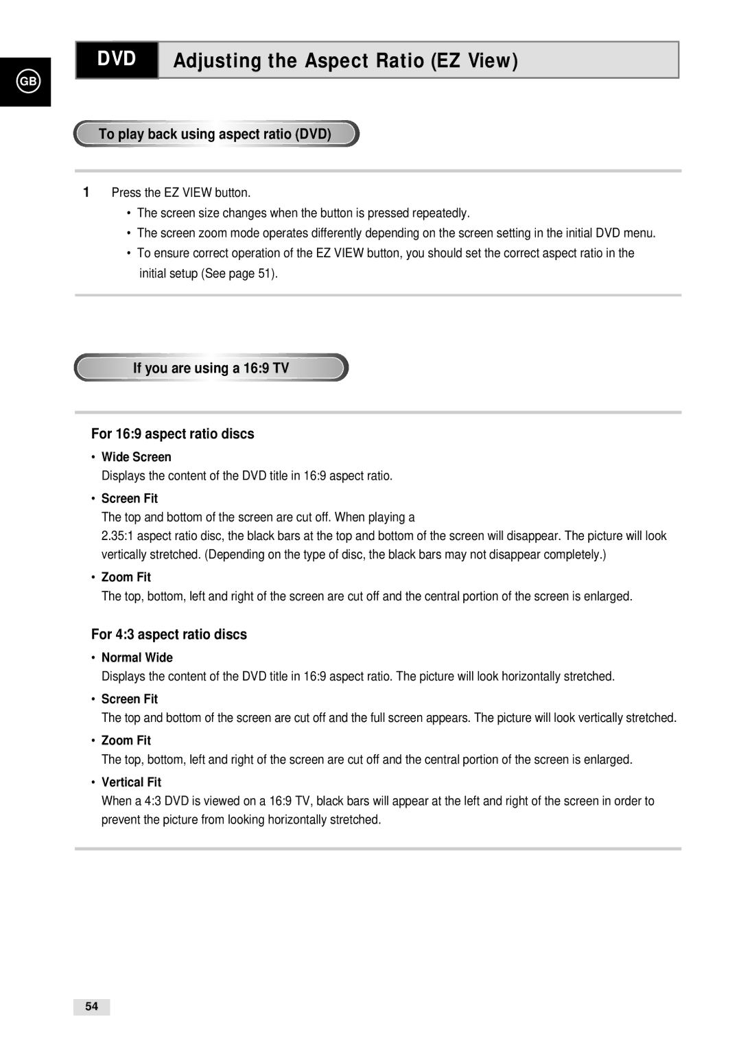 Samsung CHT-500 Adjusting the Aspect Ratio EZ View, To play back using aspect ratio DVD, For 43 aspect ratio discs 