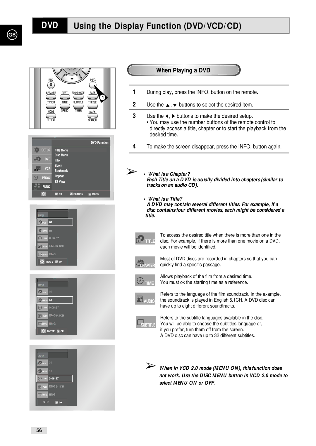 Samsung CHT-500 instruction manual Using the Display Function DVD/VCD/CD, When Playing a DVD 