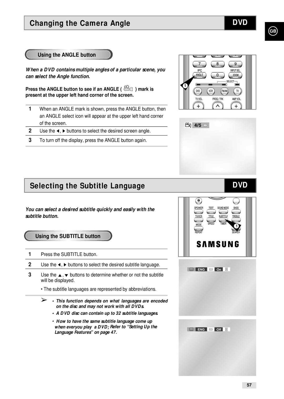 Samsung CHT-500 instruction manual Changing the Camera Angle, Selecting the Subtitle Language, Using the Angle button 