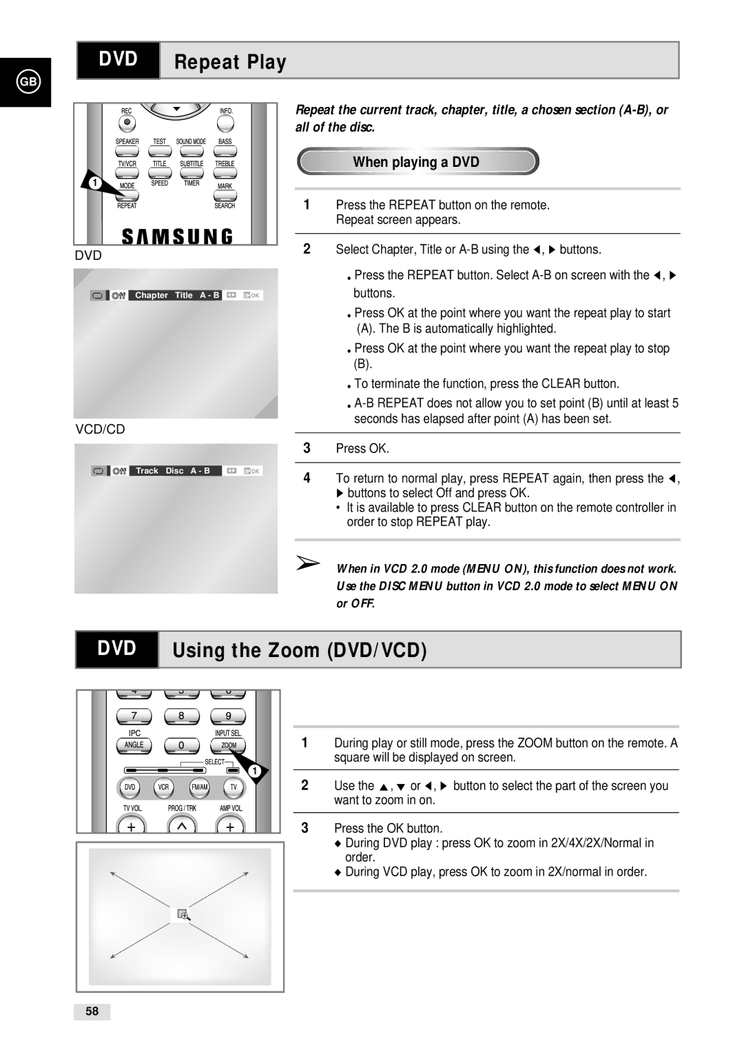 Samsung CHT-500 instruction manual Repeat Play, Using the Zoom DVD/VCD 