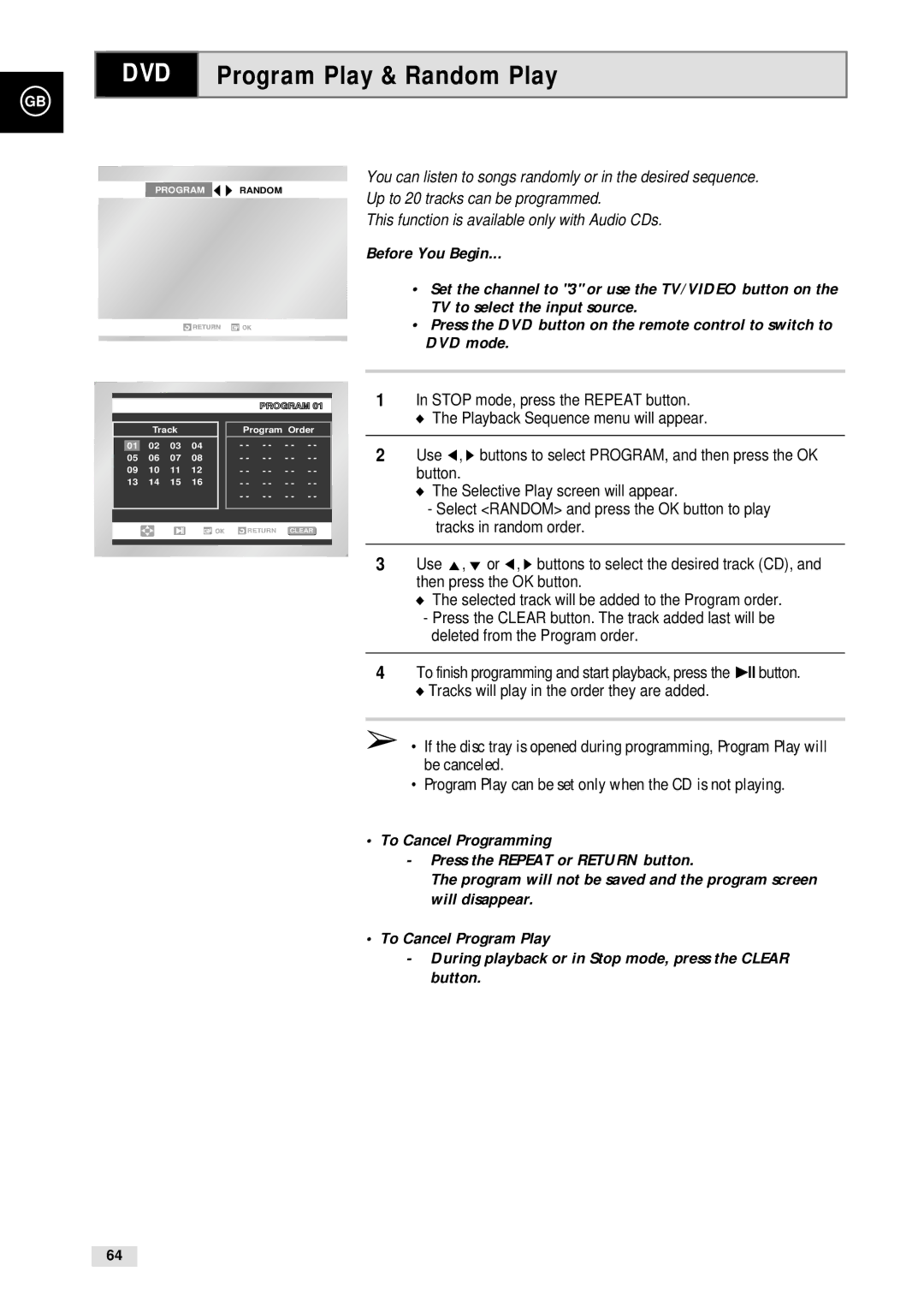 Samsung CHT-500 instruction manual DVD Program Play & Random Play 