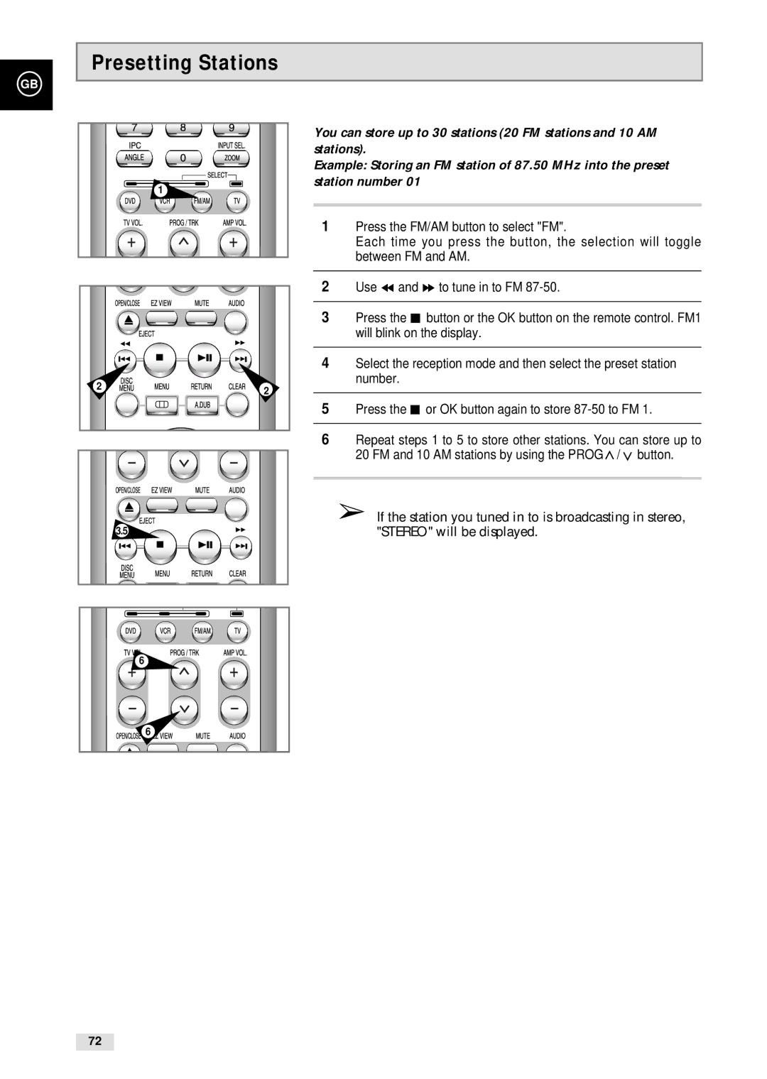 Samsung CHT-500 instruction manual Presetting Stations 