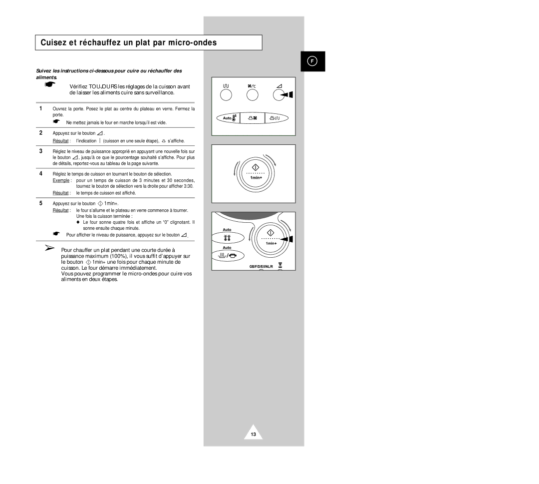 Samsung CK136TM/XEF, CK135M/XEF, CK136T/XEF manual Cuisez et réchauffez un plat par micro-ondes 