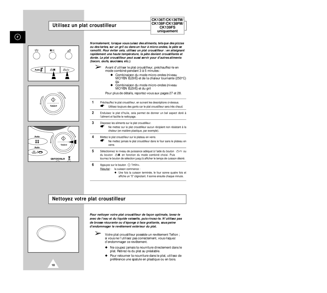 Samsung CK135M/XEF, CK136TM/XEF, CK136T/XEF manual Utilisez un plat croustilleur, Nettoyez votre plat croustilleur 