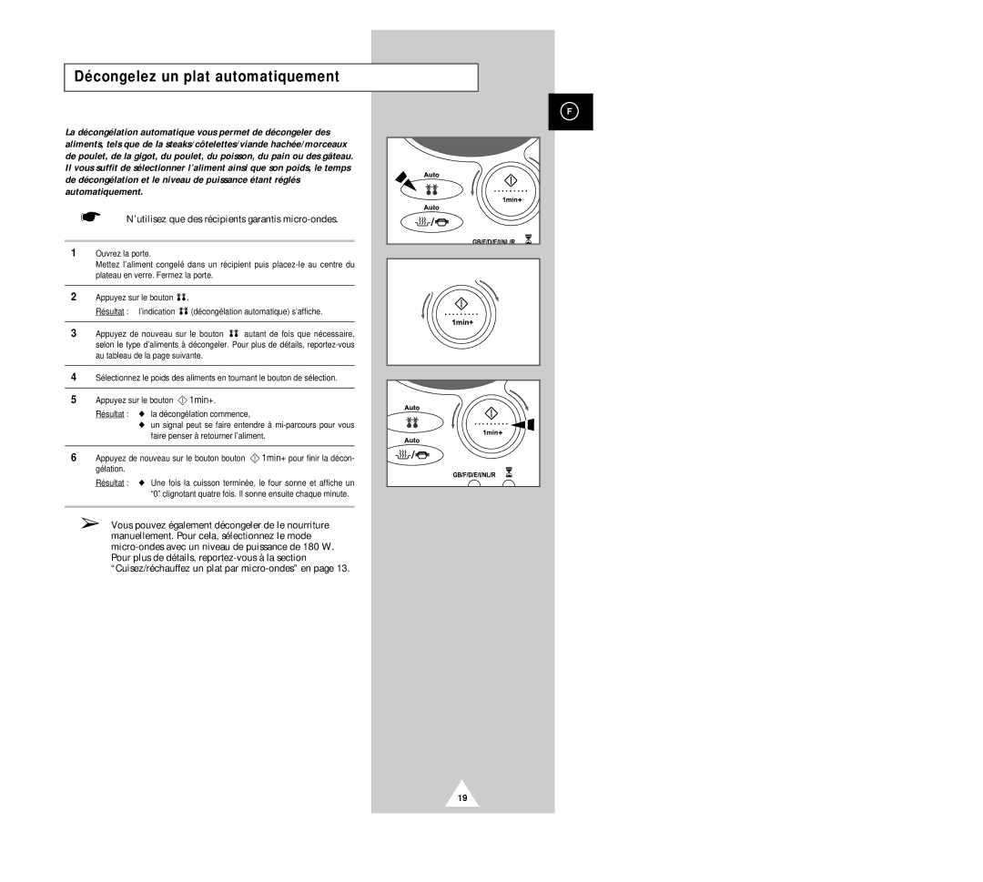 Samsung CK136TM/XEF, CK135M/XEF Décongelez un plat automatiquement, Faire penser à retourner l’aliment, Gélation Résultat 