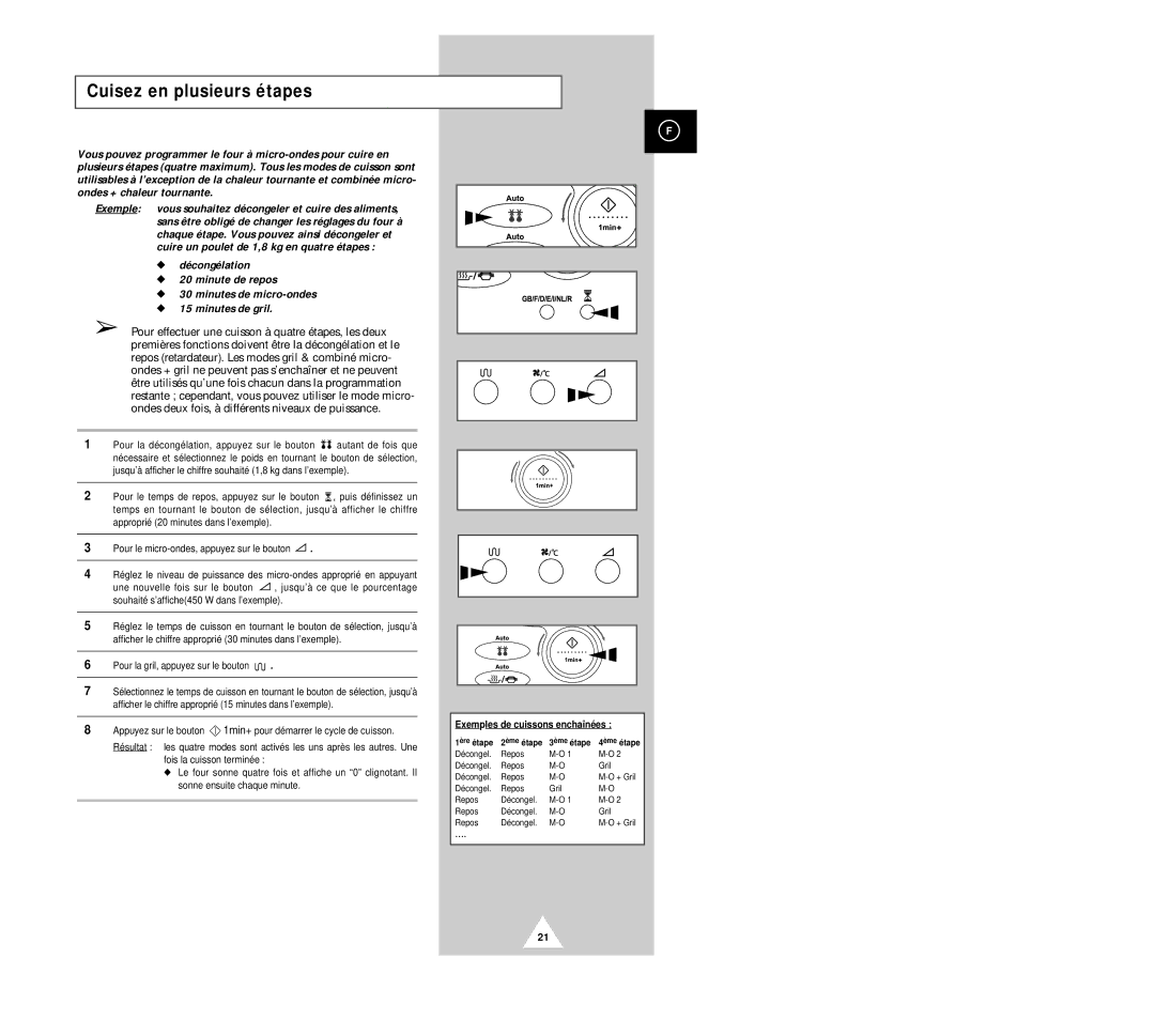 Samsung CK135M/XEF, CK136TM/XEF, CK136T/XEF manual Cuisez en plusieurs étapes, Exemples de cuissons enchaînées 