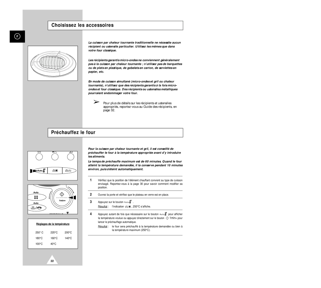 Samsung CK136TM/XEF, CK135M/XEF Choisissez les accessoires, Préchauffez le four, Réglages de la température, 250 C 220C 