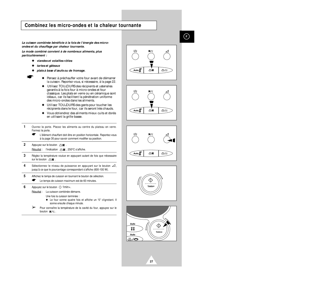 Samsung CK135M/XEF, CK136TM/XEF, CK136T/XEF manual Combinez les micro-ondes et la chaleur tournante 